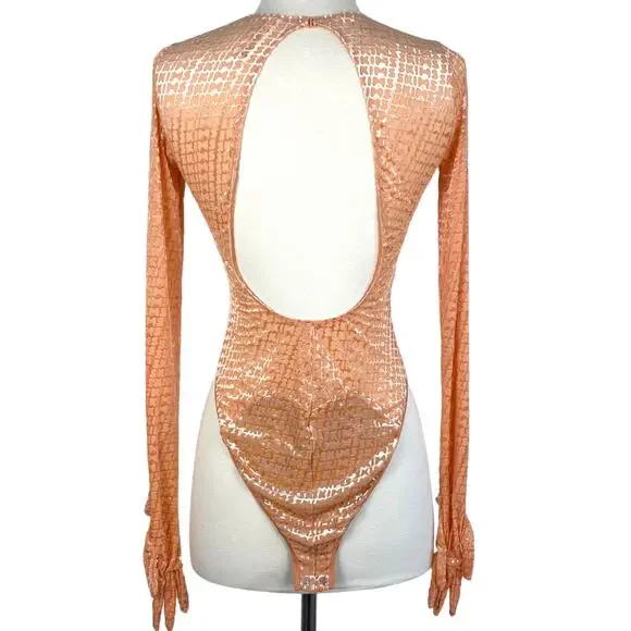 Skims Velvet Glove Bodysuit in Peach Orange Pink Open Back Gloved Cheeky Catsuit - Picture 3 of 8